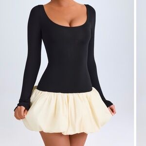 Scoop-Neck Drop-Waist Bubble Hem Mini Dress in Vanilla